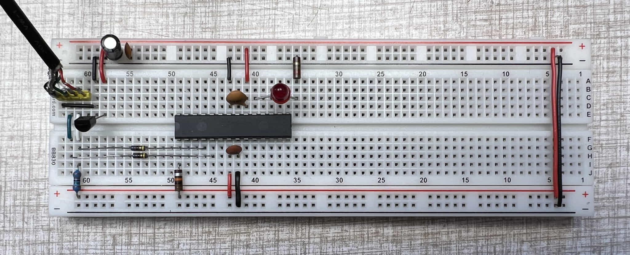 A breadboard containing the circuit described so far.